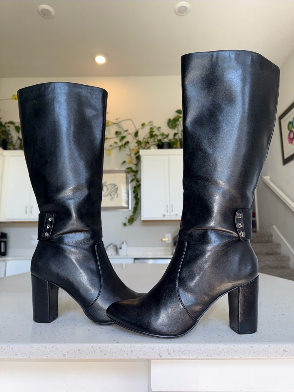 Anne Klein Black Leather Knee-High Block Heel Boots
